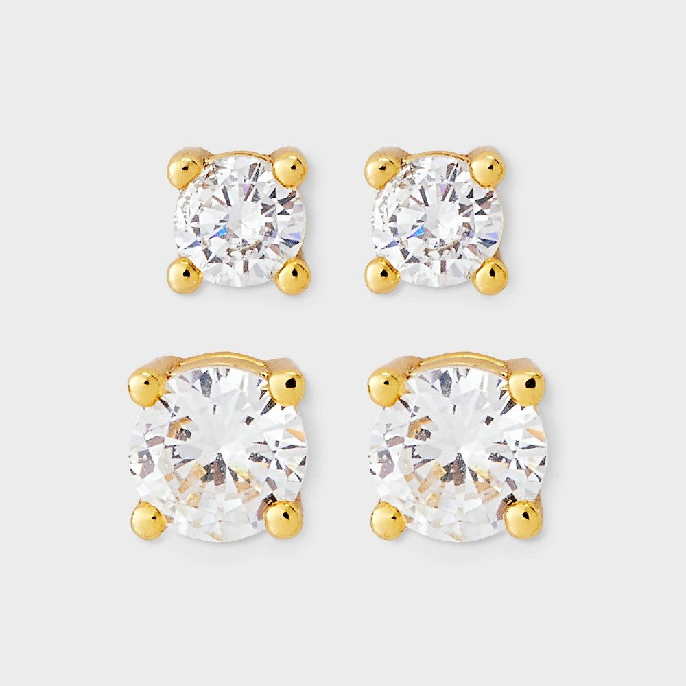 Photos - Earrings 14K Gold Plated Cubic Zirconia Stud Stainless Steel Post Earring Set 2pc - A New Day™ : 3mm, 4mm