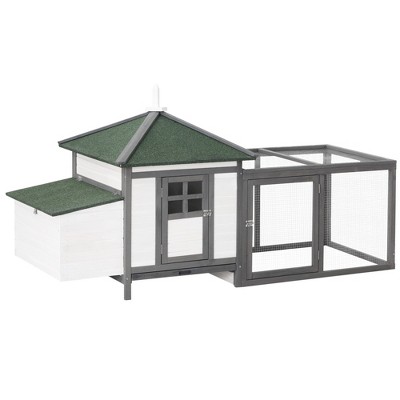 Gray Wooden Chicken Coop with Nesting Box and Run