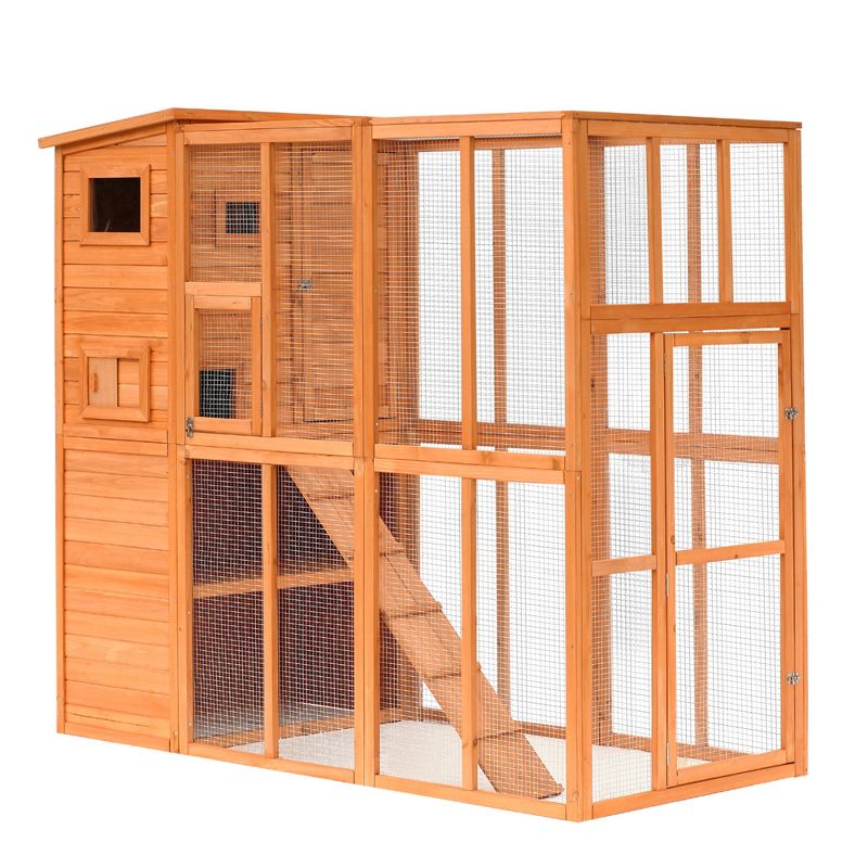PawHut Outdoor Catio, Cat House Wooden Feral Cat Shelter, Cat Cage with Platforms, Waterproof Asphalt Roof, Ramps, 77" L, 1 of 10