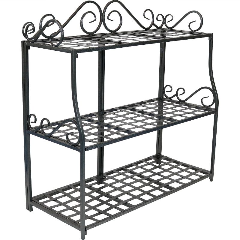 Sunnydaze Indoor/Outdoor Iron Metal 3-Tiered Potted Flower Plant Stand with Scrolled Back Design - 30" - Black, 1 of 14