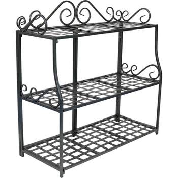 Sunnydaze Indoor/Outdoor Iron Metal 3-Tiered Potted Flower Plant Stand with Scrolled Back Design - 30" - Black