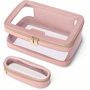 Chic Pink Travel Cosmetic Organizer - Transparent Waterproof Design with Brush Storage - 1 of 4