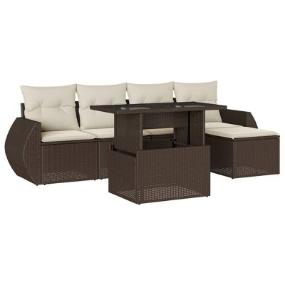 vidaXL 6 Piece Patio Sofa Set with Cushions Brown and Cream Poly Rattan - Without Storage