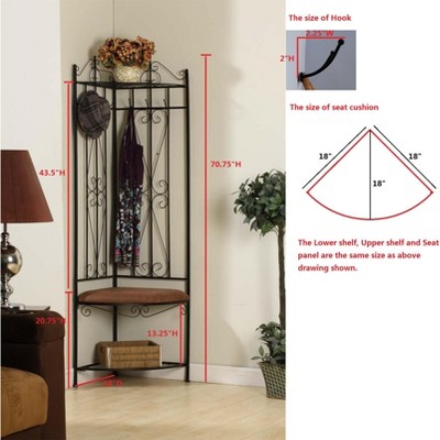 Black Metal Corner Hall Tree with Brown Upholstered Bench and Storage