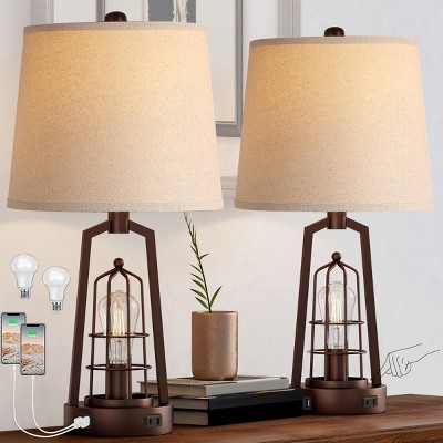 Farmhouse Table Lamps Set of 2, Dimmable Touch Control Bedside Lamps with USB and AC Outlets, Oil-Rubbed Bronze Finish, Bulbs Included – Cuddlewood