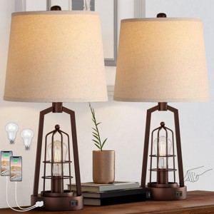 Farmhouse Table Lamps Set of 2, Dimmable Touch Control Bedside Lamps with USB and AC Outlets, Oil-Rubbed Bronze Finish, Bulbs Included – Cuddlewood - 1 of 4