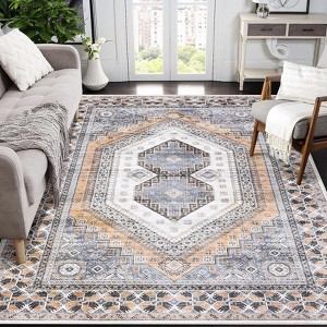 Machine Washable 8x11 Rugs & Non-Slip Area Rugs - Vintage Oriental Medallion Low Pile Carpe - 1 of 4
