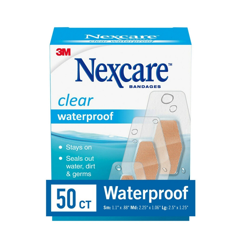 Nexcare Waterproof Bandages, Clear, Assorted, 50 ct