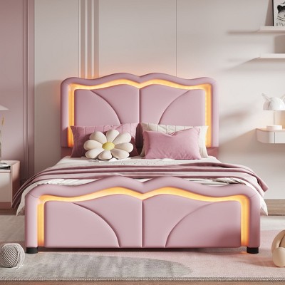 NicBex Upholstered Bed Frame with Curve Shaped and Tufted Adjustbale Headboard,Platform Bed Frame with LED Lights,No Box Spring Needed,Pink/White