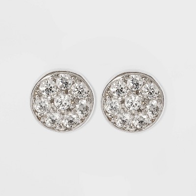 Button Stud Earrings Sterling Cubic Zirconia Disc - Silver/Clear