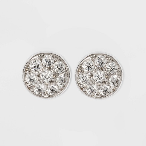 Button Stud Earrings Sterling Cubic Zirconia Disc - Silver/clear