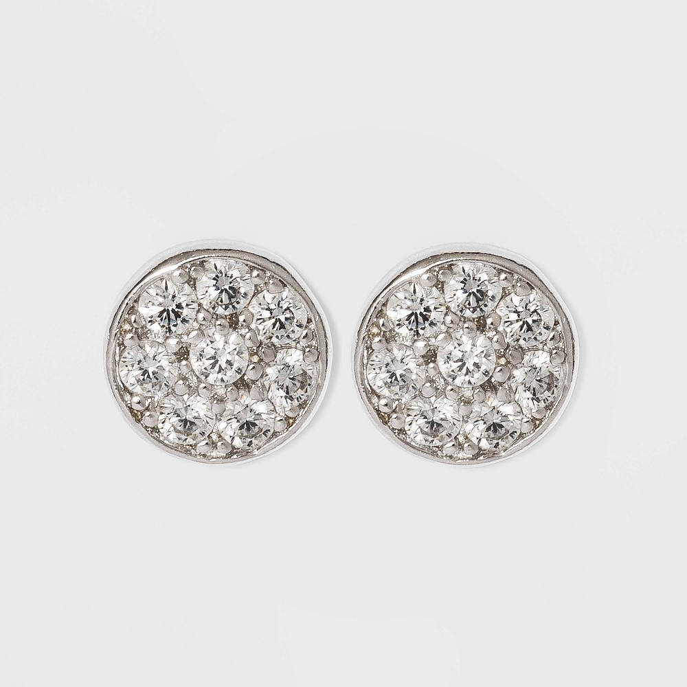 Photos - Earrings Button Stud  Sterling Cubic Zirconia Disc - Silver/Clear