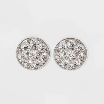 Button Stud Earrings Sterling Cubic Zirconia Disc - Silver/Clear