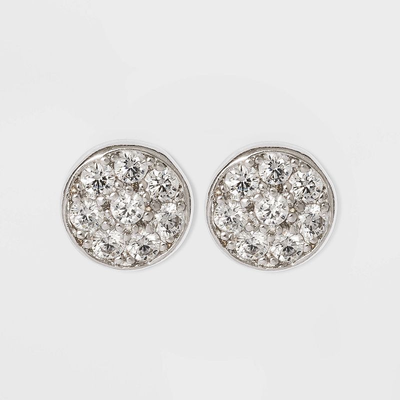 Button Stud Earrings Sterling Cubic Zirconia Disc - Silver/Clear, 1 of 3
