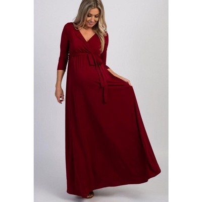 PinkBlush Burgundy Draped 3/4 Sleeve Maternity Maxi Dress