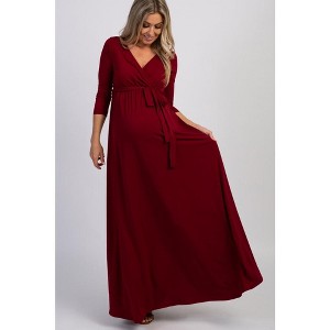 PinkBlush Burgundy Draped 3/4 Sleeve Maternity Maxi Dress - 1 of 4