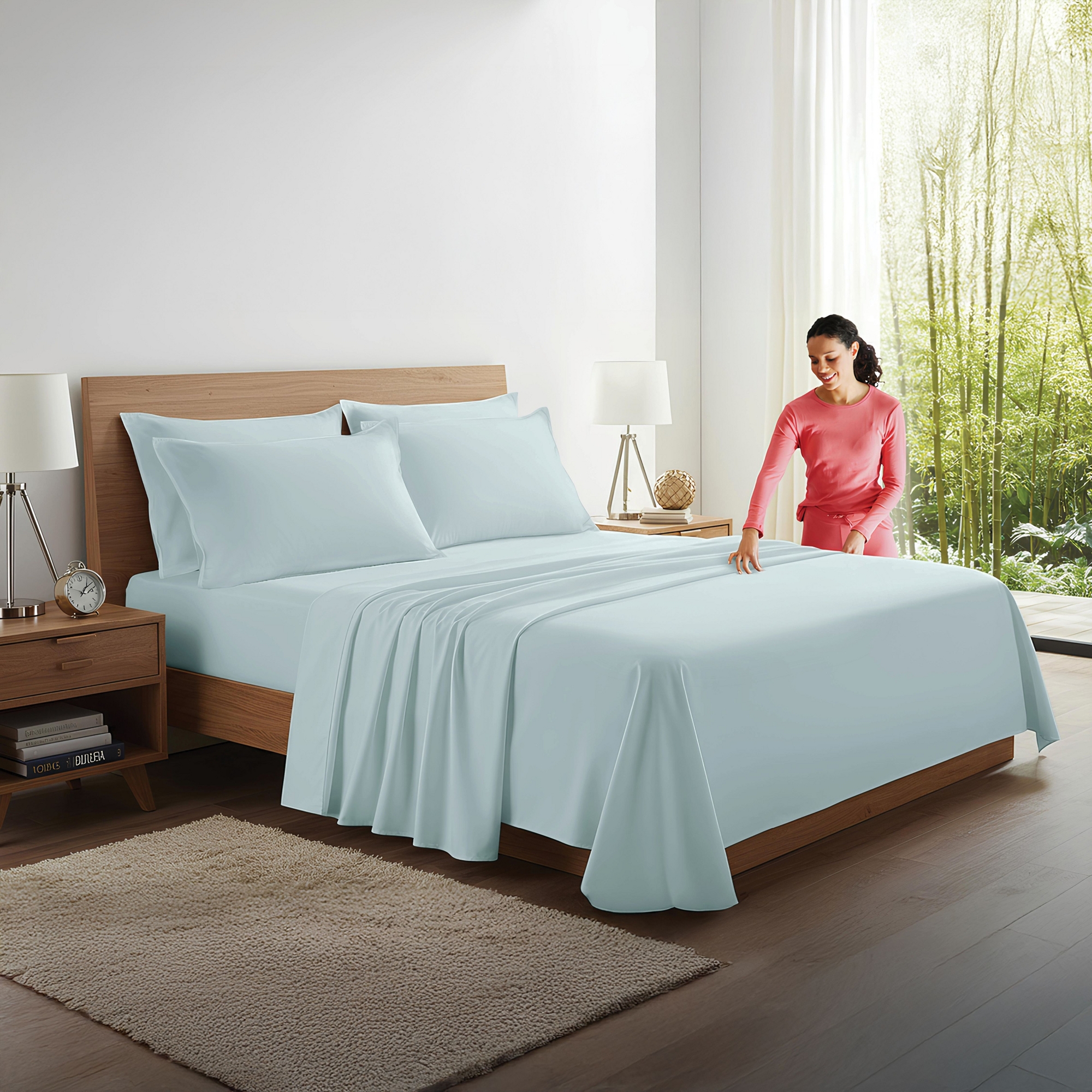 100% Organic Bamboo Viscose Sheets Set, 300 Thread Count, 4-pc Set, Luxury Cooling Sheets, Deep Pockets, Queen Size (Sky Blue)