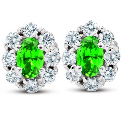 Pompeii3 3 Ct Peridot & Diamond Halo Studs 14k White Gold