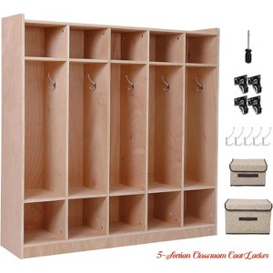 5-Section Classroom Coat Locker, Daycare Cubby w/ 2 Anti-tip Kits for Classrooms, 4 Casters, 5 Hooks and 2 Storage Boxes - 1 of 4