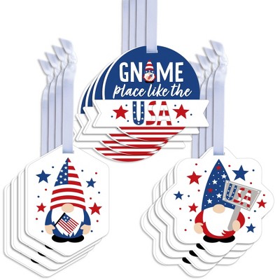 Big Dot of Happiness Patriotic Gnomes - Assorted Hanging Memorial Day, 4th of July and Labor Day Gnome Party Favor Tags - Gift Tag Toppers - Set of 12