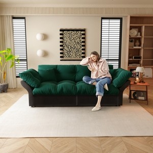 TiramisuBest 74.8" Queen Pull Out Sofa Bed, 3-in-1 Convertible Sleeper Tufted Velvet Loveseat with 2 Pillows, Multi-Functional Couch，Blue - 1 of 4