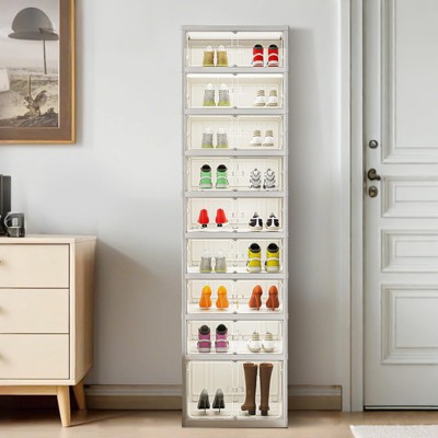 Portable Stackable Shoe Rack Organizer with Magnetic Clear Doors – Large Plastic Storage Bins for Closet & Entryway