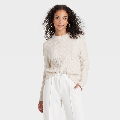 Women's Cable Crewneck Pullover Sweater - A New Day™ Oatmeal L : Target