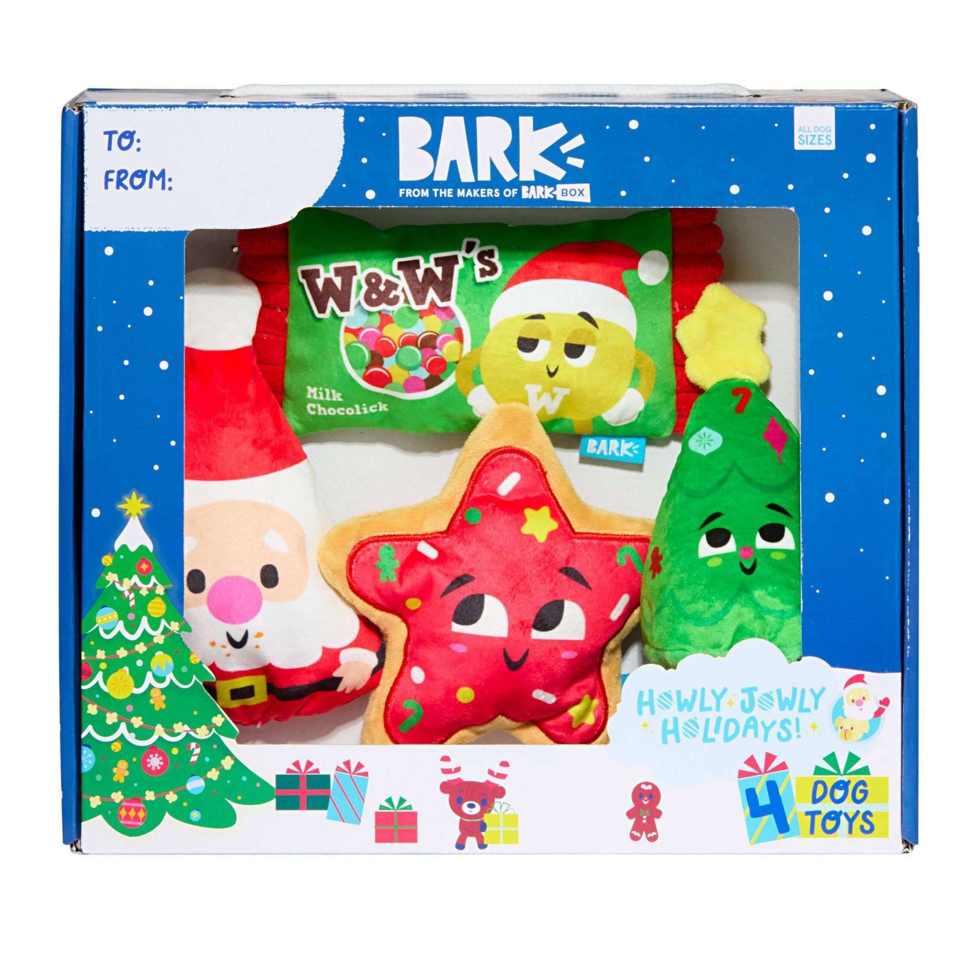 BARK Howly Jowly Holidays Stocking Stuffer Box Plush Dog Toy Set - 4pc