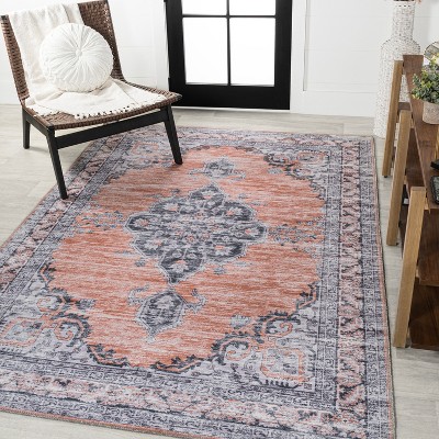 Wincer Chenille Medallion Washable Orange and Gray 5'3" x 7'7" Area Rug