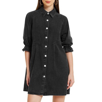 Allegra K Women's Elbow Sleeve Babydoll Mini Jean Shirt Dresses
