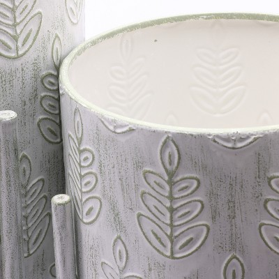 Elegant White and Sage Metal Leaf Embossed Planter Set with Stand