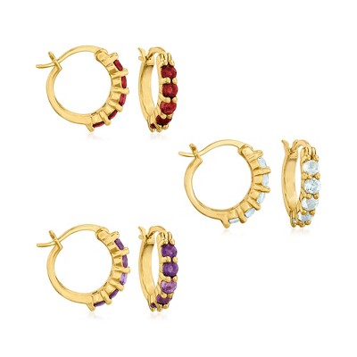 Ross-Simons 1.60 ct. t.w. Amethyst, Garnet and Blue Topaz Jewelry Set: 3 Pairs Of Huggie Hoop Earrings in 18kt Gold Over Sterling
