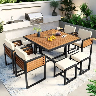 9-Piece Acacia Wood Patio Dining Set,Space-Saving Outdoor Table And Cushioned Chairs,Weather-Resistant-Maison Boucle