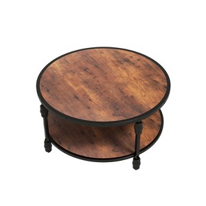 Round Coffee Table, Rustic Center Table with Storage Shelf, 2-Tier Wood Circle Coffee Table with Sturdy Roman Column Metal Legs - 1 of 4