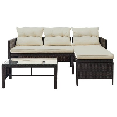 3pc Rattan Wicker Patio Sofa Set with Coffee Table - Art Leon