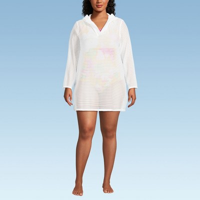 Lands' End Women's Cotton Jersey Long Sleeve Hooded Swim Cover-up Dress