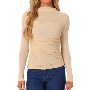 INSPIRE CHIC Women's Solid Mock Neck Mesh Sheer Long Sleeve Ruched Blouses - 1 of 4