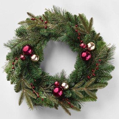 28in Unlit Shatterproof Berry Greenery Artificial Wreath Burgundy/Gold - Wondershop™