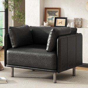 39" Vintage Faux Leather Lounge Chair for Living Room Bedroom,Deep Seat Upholstered Accent Armchair,Home Office Comfy Reading Chair-Coolbibila - 1 of 4