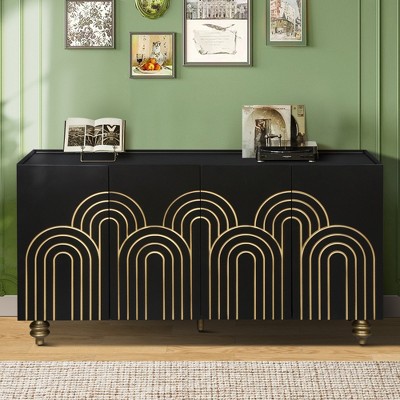 VYNXARIA Modern Black Fluted Sideboard Buffet with Adjustable Shelves and Gold Accents