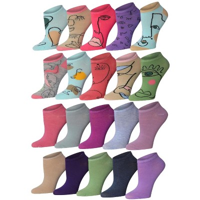 Women's 20 Pairs Solid Doodley Face Colored Patterned Low Cut/No Show Socks