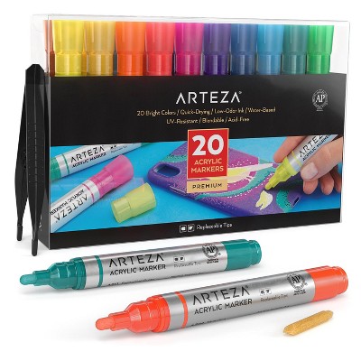 Arteza Premium Acrylic Artist Marker Set, Classic Hues and Metallic Colors, Replaceable Tips - 20 Pack (ARTZ-9218)