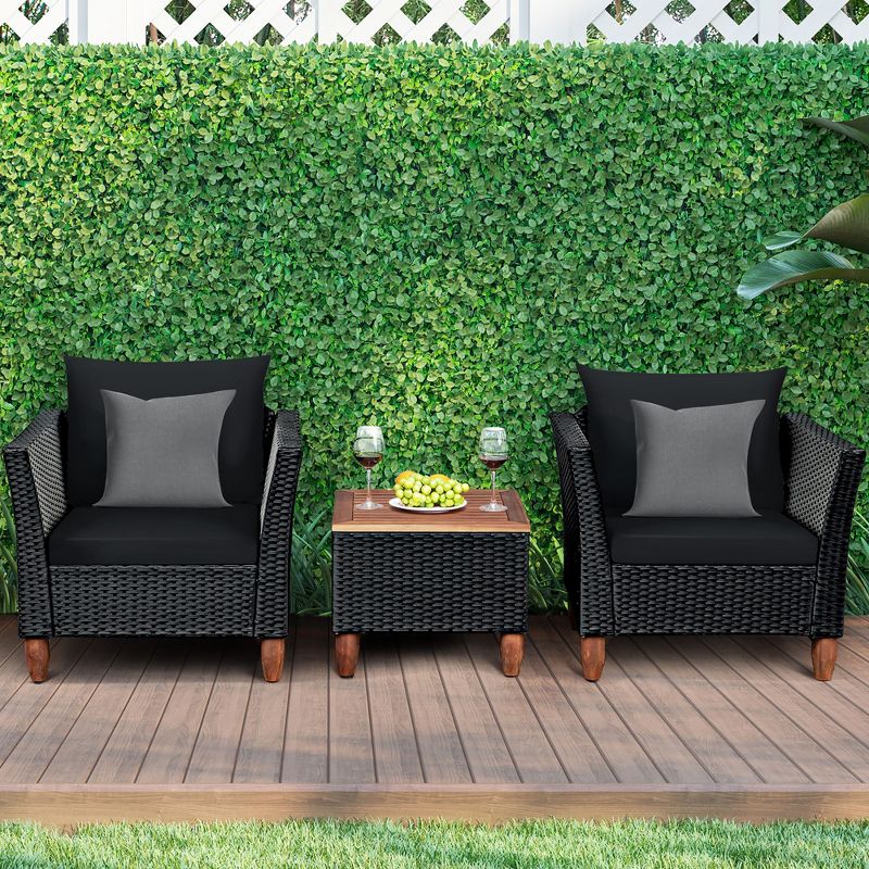 Costway 3 PCS Outdoor Patio Rattan Bistro Furniture Set Wooden Table Top Cushioned Sofa Black Brown, 1 of 11