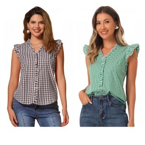 INSPIRE CHIC Women's Cap Sleeve Plaid Gingham Ruffle Shirt 2 Packs - 1 of 4