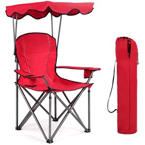 Gymax Folding Beach Chair Heavy Duty Camping Chair Outdoor Patio Seat with Cup Holder and Carry Bag Red/Blue - 1 of 4