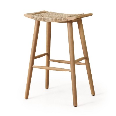 Light Brown Acacia Wood and Wicker Outdoor Bar Stools, Set of 4