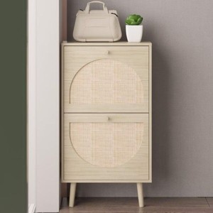 2 Drawers Shoe Cabinet Rattan Shoe Rack Shoe Storage Cupboard Organizer Unit - 1 of 4
