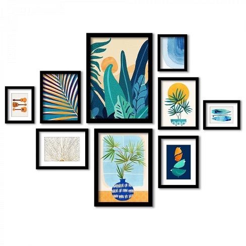 Set Of 9 Matted Framed Prints Gallery Wall Art Set - Blue Jungle Leaves ...