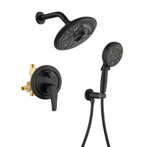 Cobbe Matte Black Shower Faucet Combo Kit with 8-Inch Round 6 Settings Shower Head and 9 Settings Handheld Shower Single Handle with 59-Inch Hose - 1 of 4