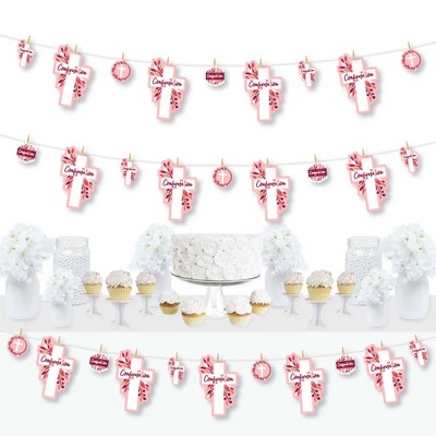 Big Dot of Happiness Confirmation Pink Elegant Cross - Girl Religious Party DIY Decorations - Clothespin Garland Banner - 44 Pieces